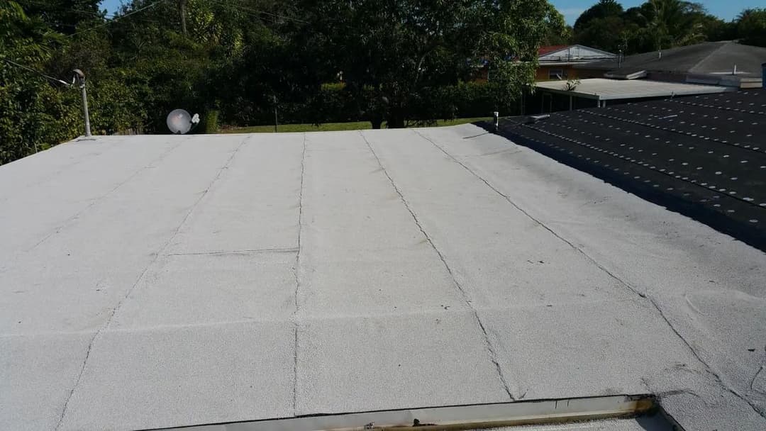 Flat roof covered with a gray membrane, surrounded by greenery and nearby structures.