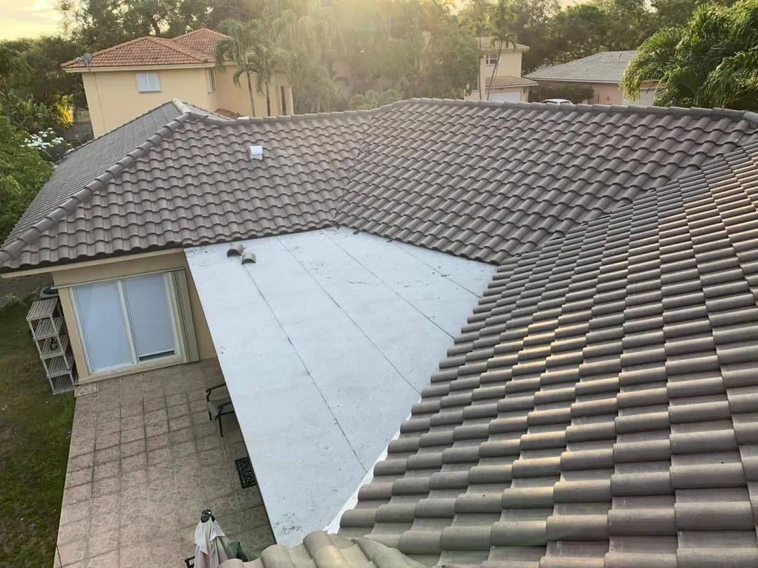 Aerial view of residential roof showcasing tile and concrete surfaces, surrounded by greenery.